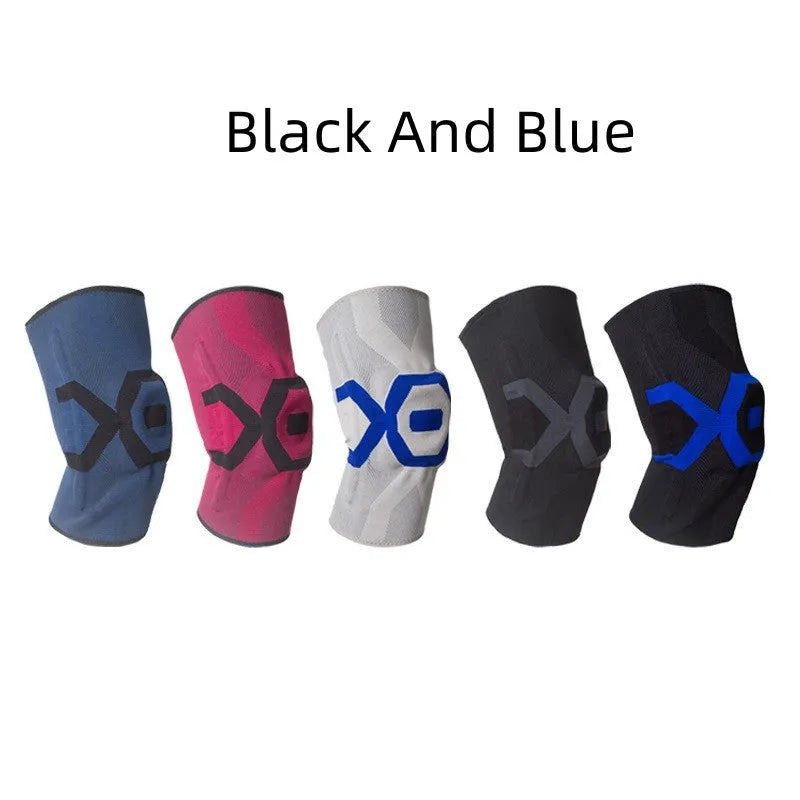 Men's silicone knee pad for sports protection in a two-tone colour, shown on a knee.