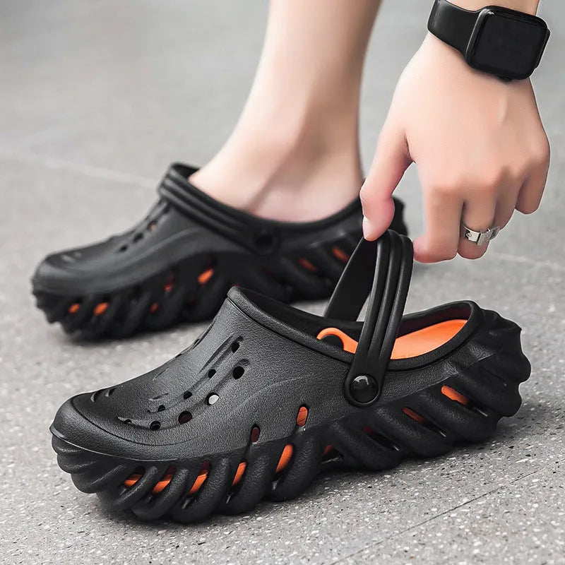 Men's beige EVA slipper sandals with hole design and non-slip outdoor soles