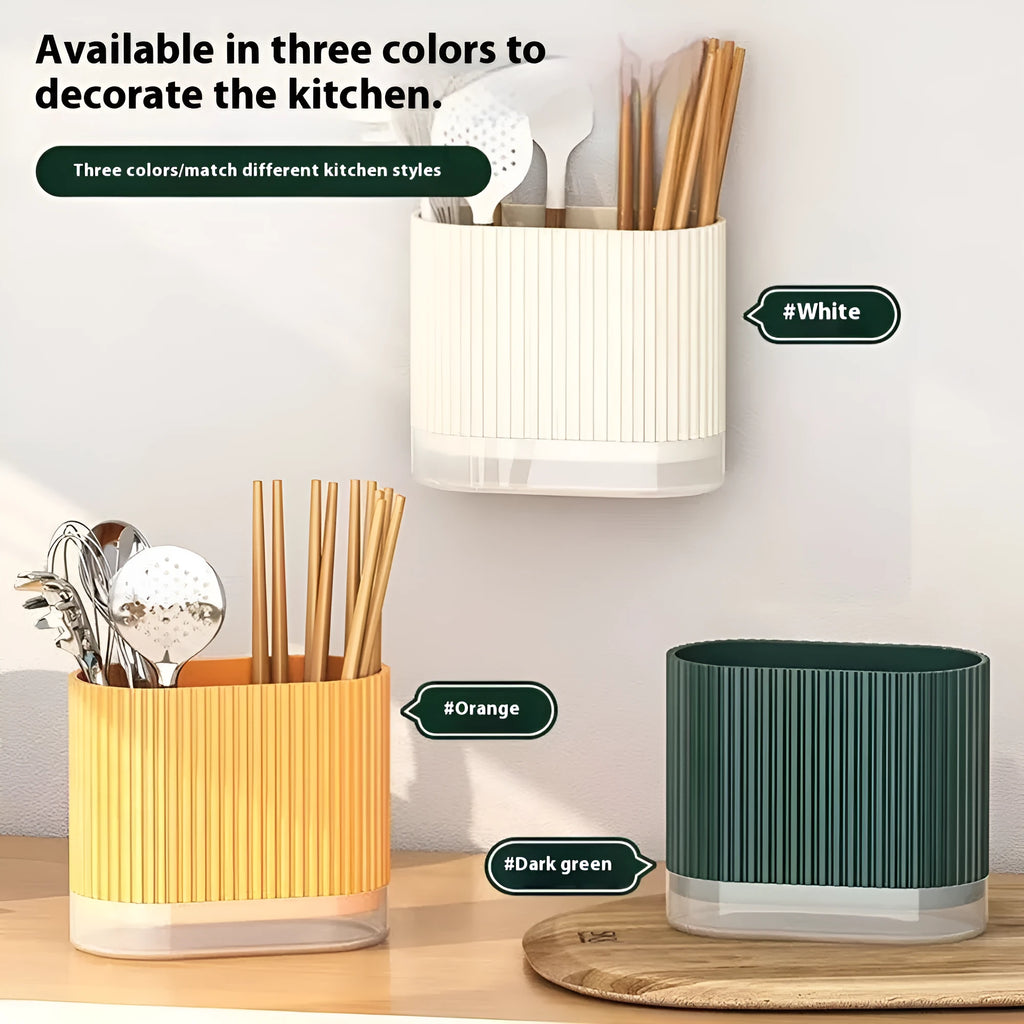 Plastic wall-mounted chopstick and spoon holder tube with drainage holes in beige colour.