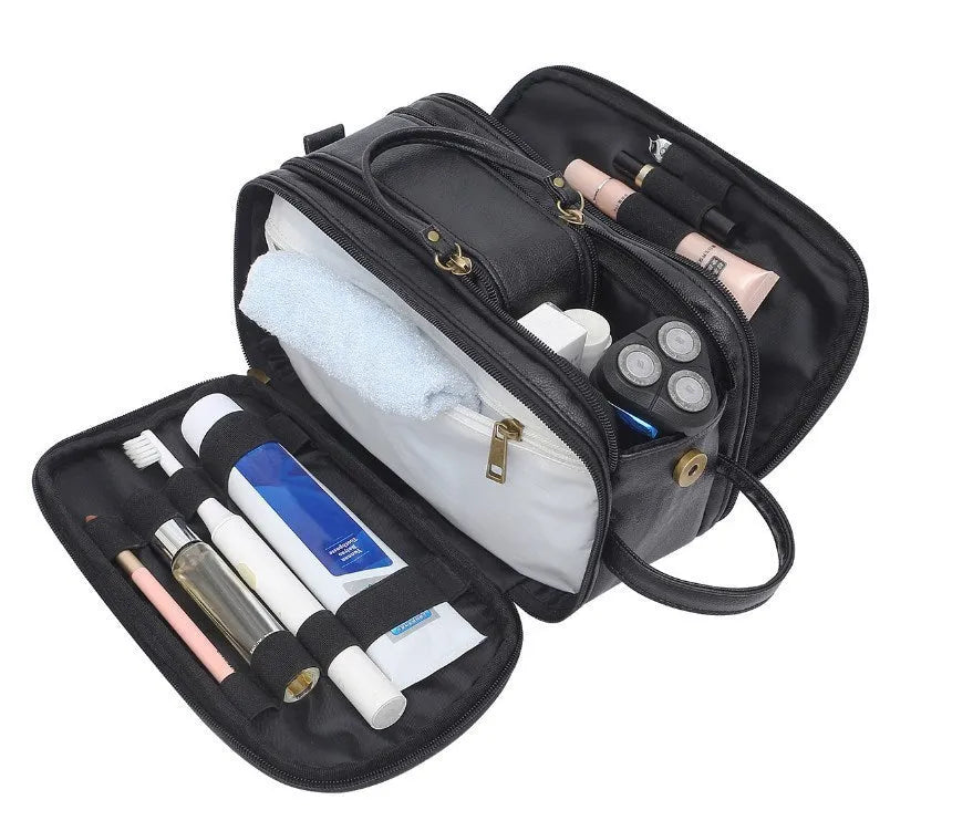 Black and brown men's PU toiletry bag with a zip closure for travel.