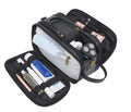 Black and brown men's PU toiletry bag with a zip closure for travel.