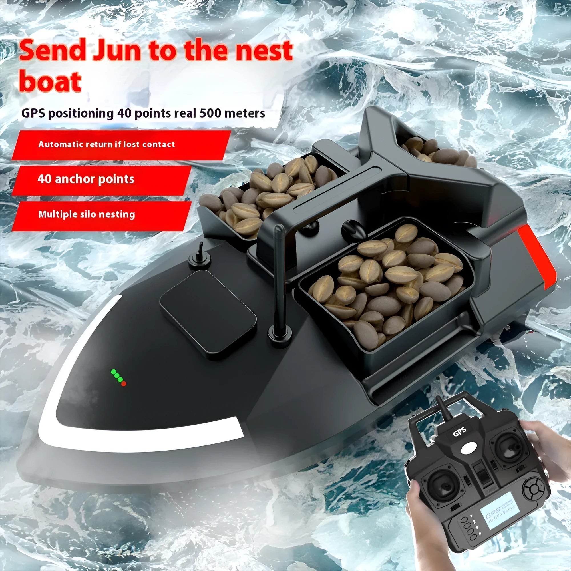 Black GPS remote control fishing boat with antenna and bait compartment