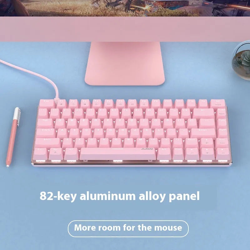Pink mechanical keyboard with 82 keys and white backlight illumination on metal frame