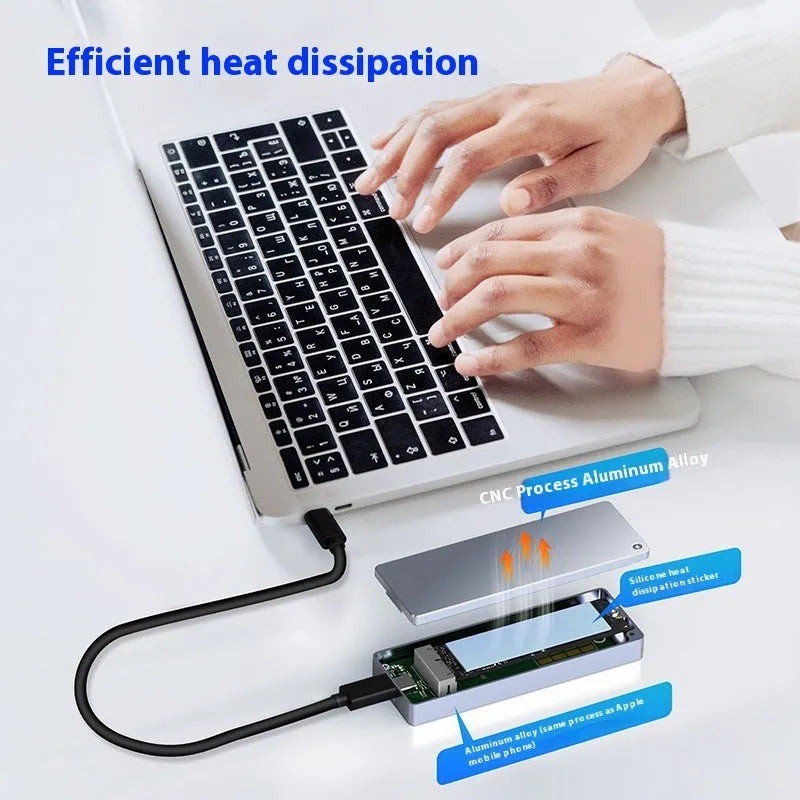 Aluminium alloy M.2 SATA SSD enclosure cartridge for laptops with screwdriver, screws, thermal pad, and USB-C cable.