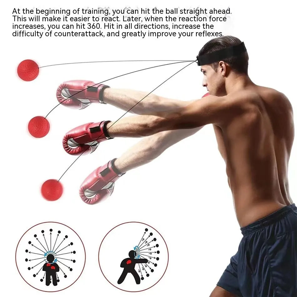 Head-mounted boxing reaction training ball with knitted and rubber adjustable headbands, shown with red, green, and yellow PU balls.