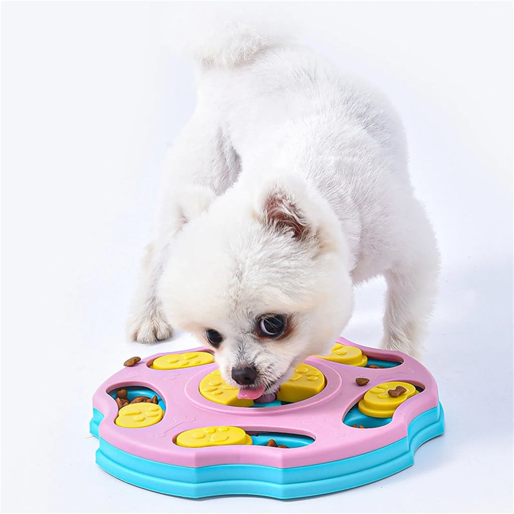 Blue and pink dog puzzle feeder toy for aggressive chewers with food bowl and interactive game design