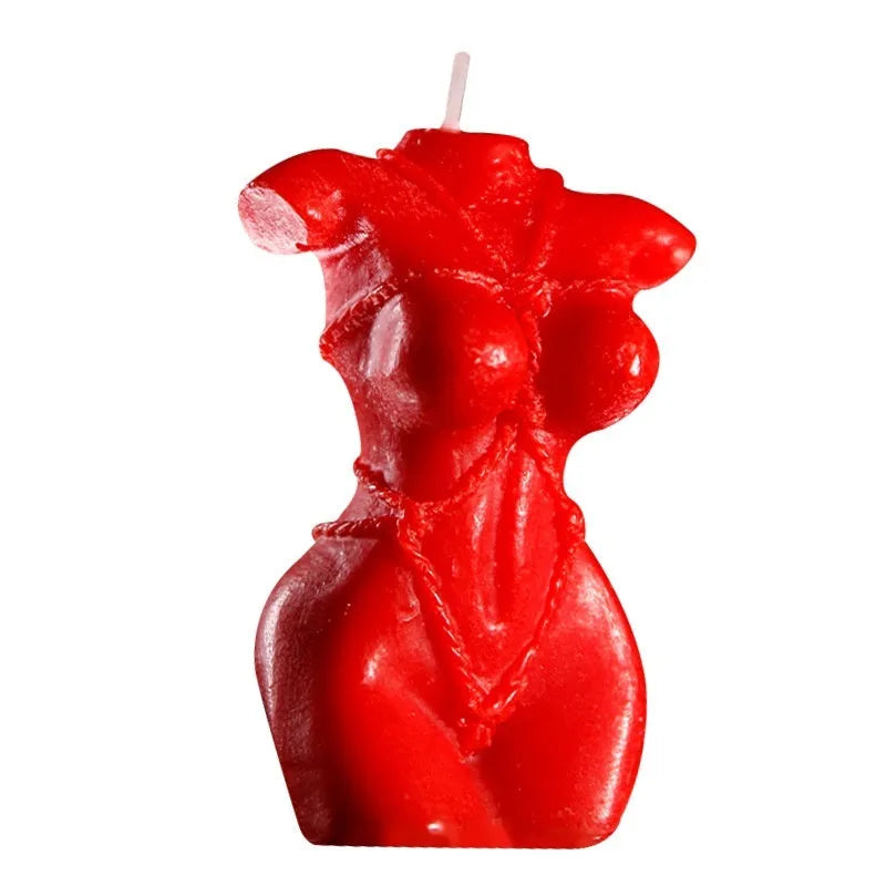Smsexy low temperature soy wax candle in a bikini-shaped vessel, shown in Rose Red, Spring Pink, and Lilac Purple colours.