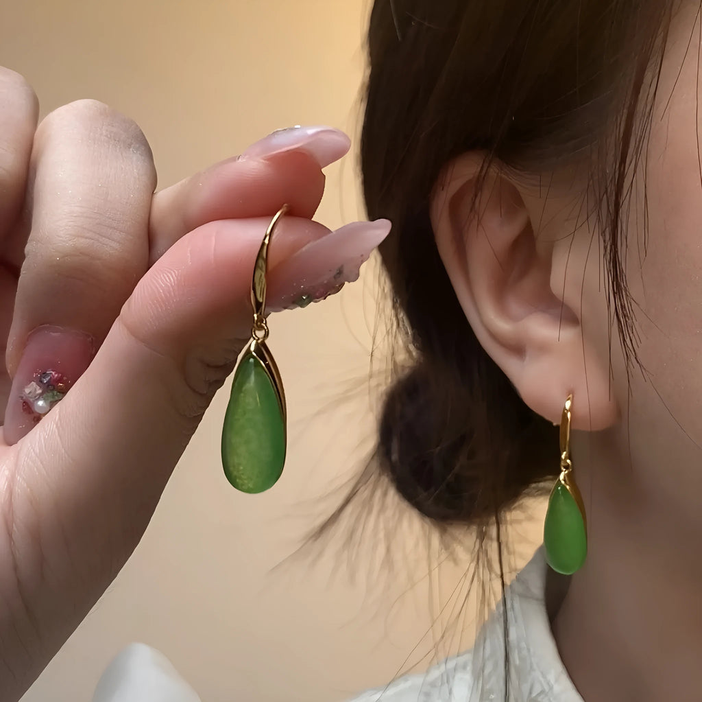 Geometric Chinese-style earrings with water droplet elements in electroplated jade colour on copper