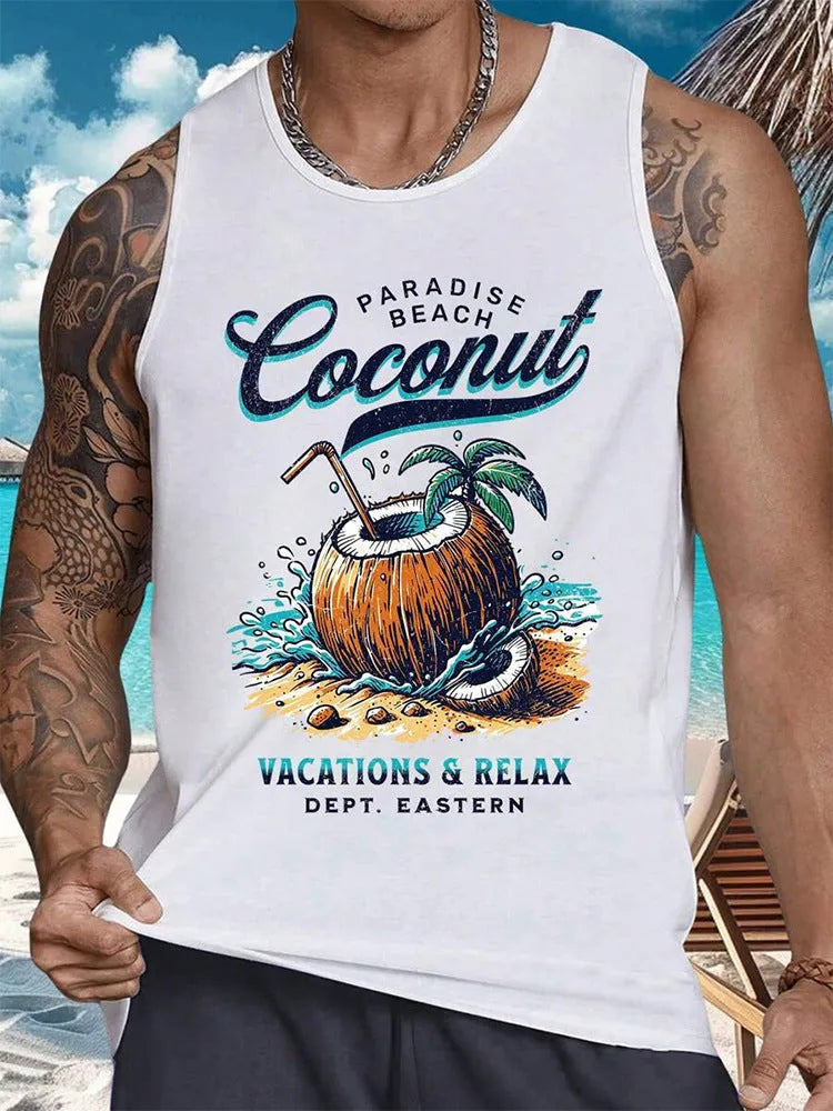 3D printed men's sleeveless vest in solid color Hawaiian style made of pinhole cloth fabric