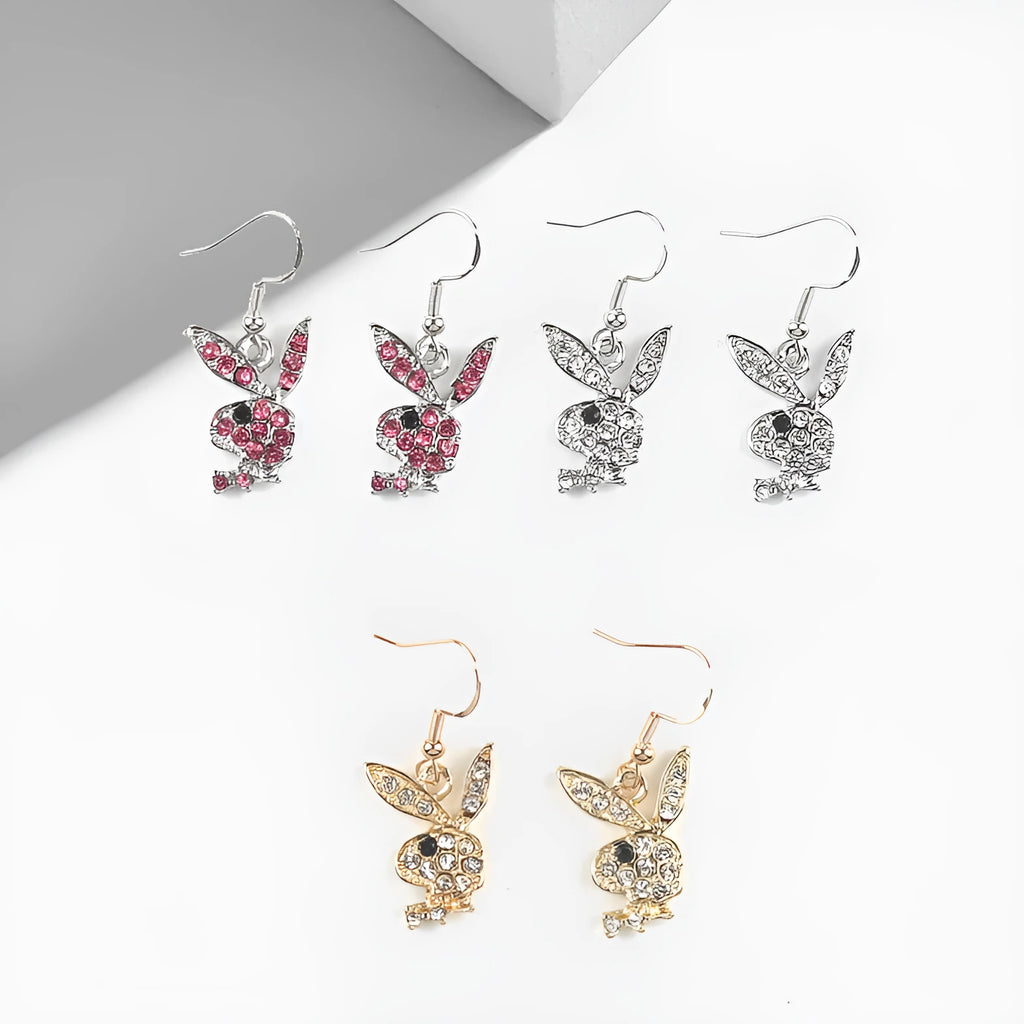 Full diamond rabbit stud earrings in gold, pink, and silver colour options with alloy construction