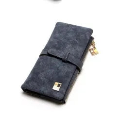 Vertical long wallet in retro matte PU leather with zip closure, shown open to reveal card slots and phone pocket.