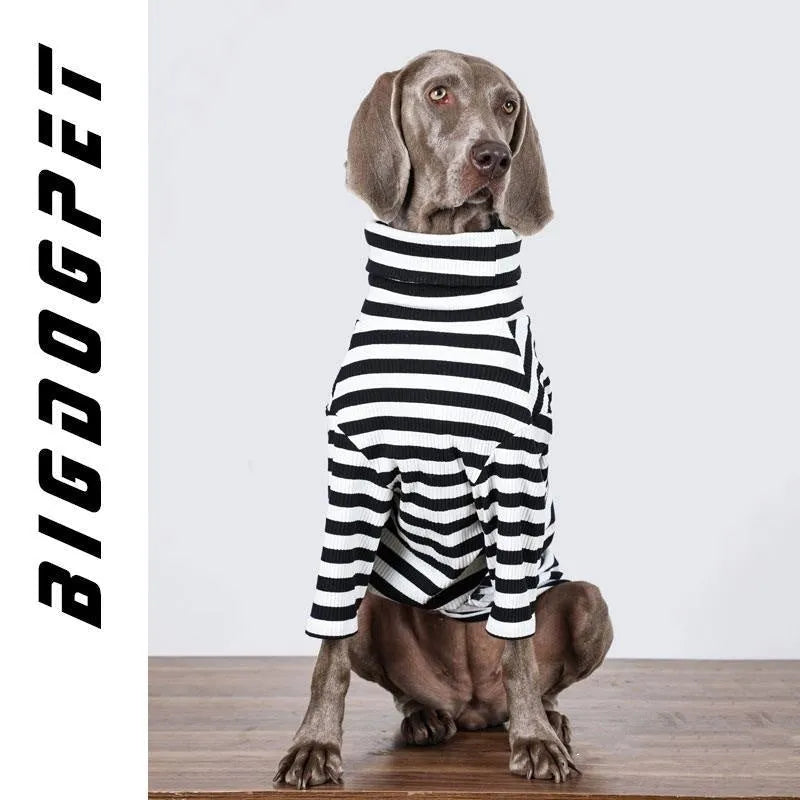 Black and white thin polyester dog clothing for large breeds shown in multiple size options