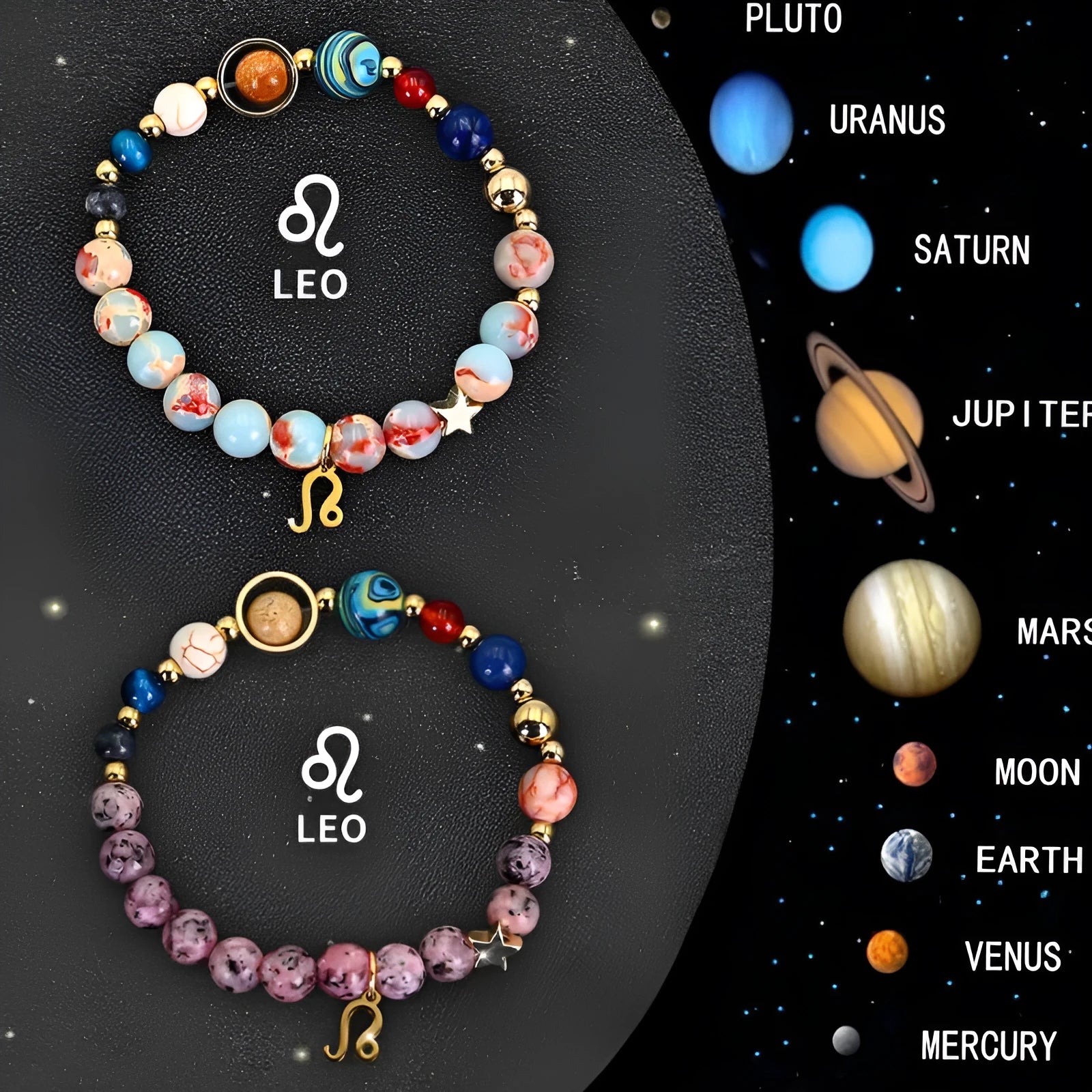 Two natural stone zodiac bracelets showing twelve different astrological styles on a neutral background