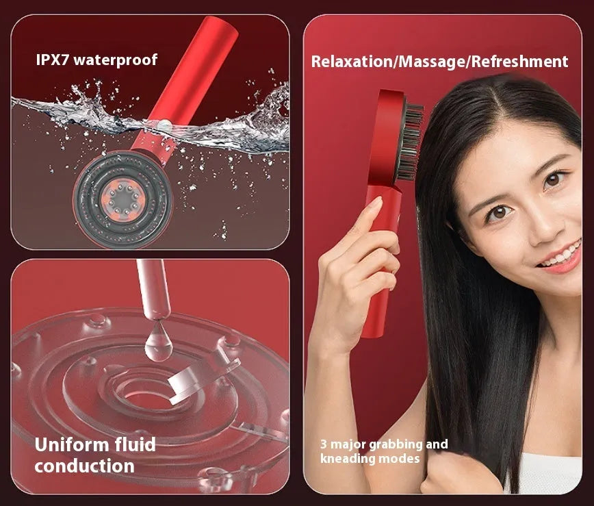Black handheld LED light massage hair comb with red and blue lights, Type-C charging port visible.