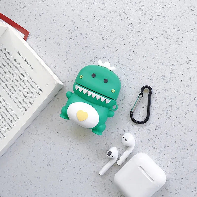 Green silicone AirPods case with a cartoon animal design, compatible with AirPods 1 and 2.
