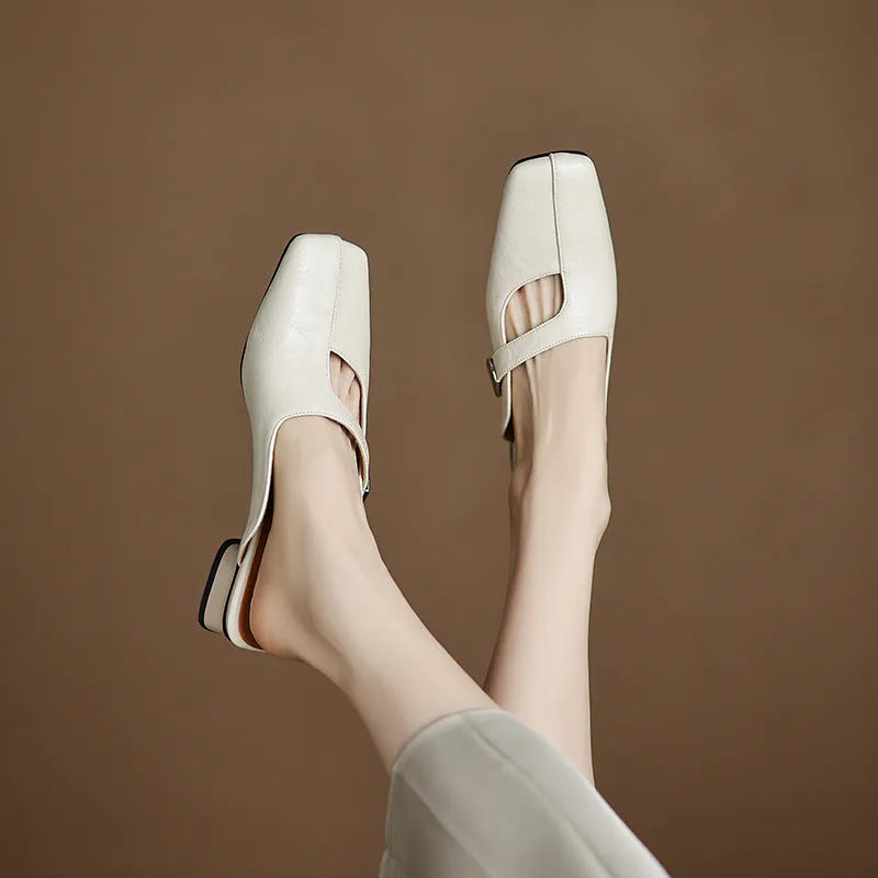 Low-heel square-toe outdoor leisure slippers in artificial PU, available in black, beige, and silver colours.