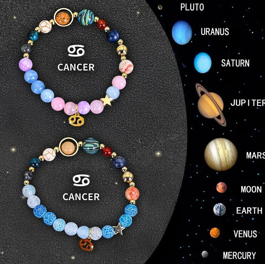 Two natural stone beaded bracelets with Chinese zodiac charms on elastic cord