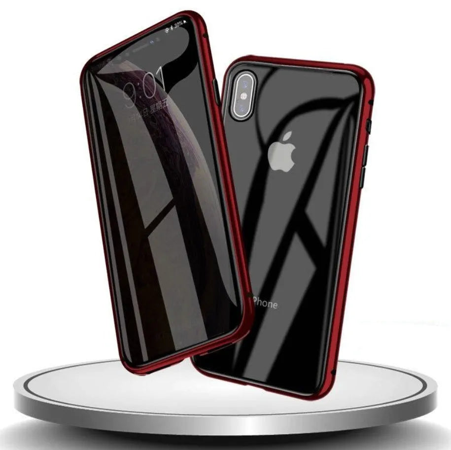 Black glass clamshell anti-spy case on an iPhone, showing geometric design and solid colour.