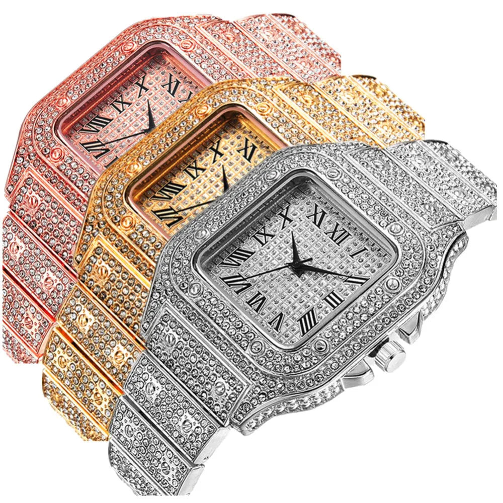 Women's Roman numeral quartz watch set with bracelet and necklace in gold, rose gold, or silver.