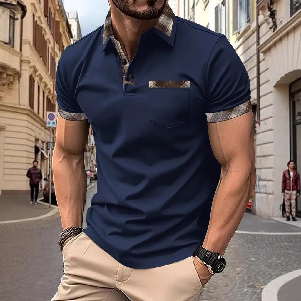 Men's plaid colourblock t-shirt with zipper decoration on front, short sleeves, loose fit