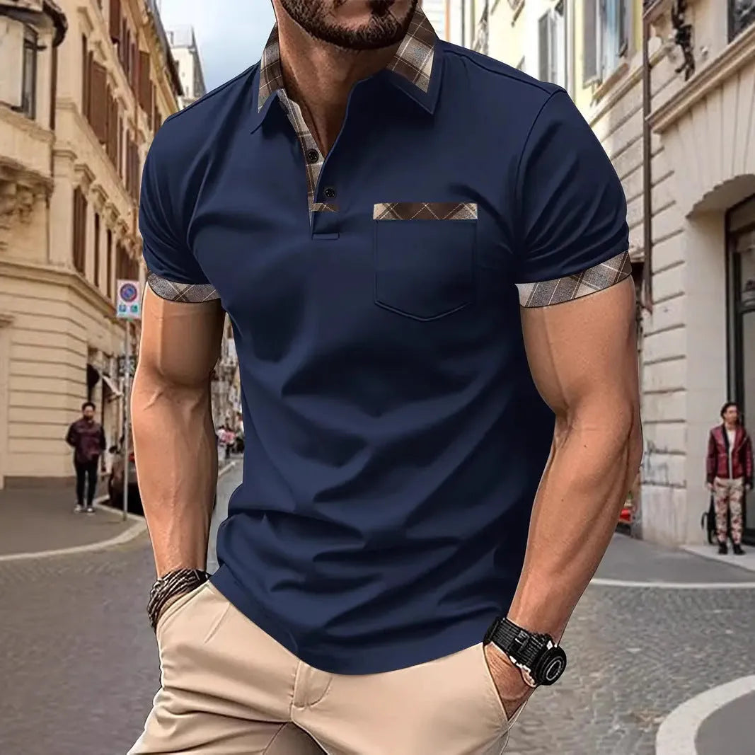 Men's plaid colourblock t-shirt with zipper decoration on front, short sleeves, loose fit