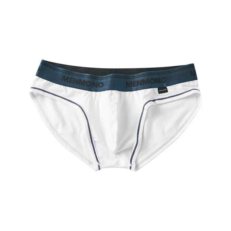 Men's low waist cotton briefs showing solid colour block design in various two-tone combinations.