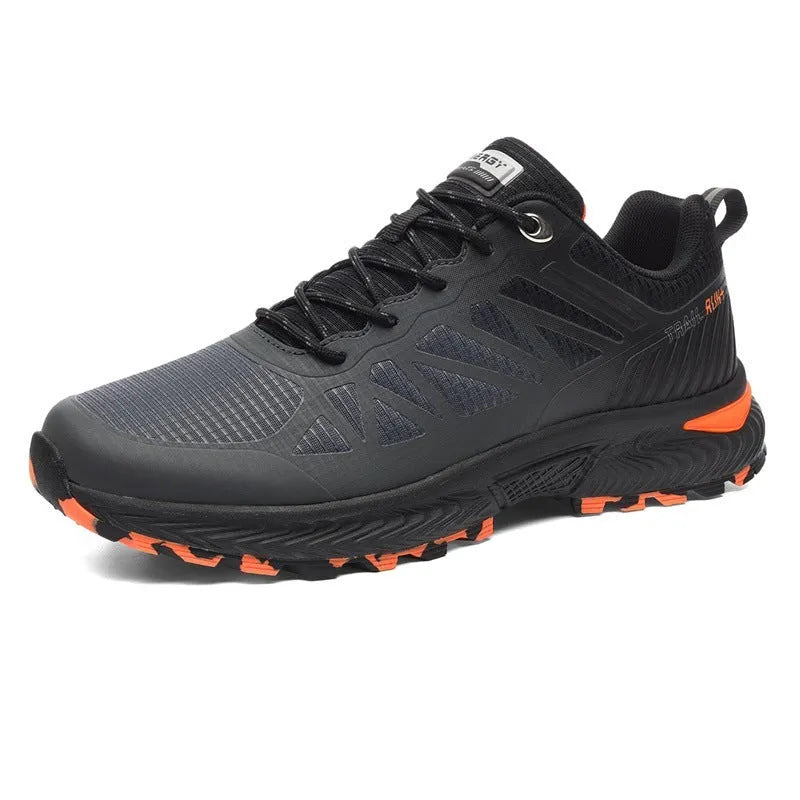 Men's black breathable mesh outdoor running shoe with round toe and flat heel on a white background.