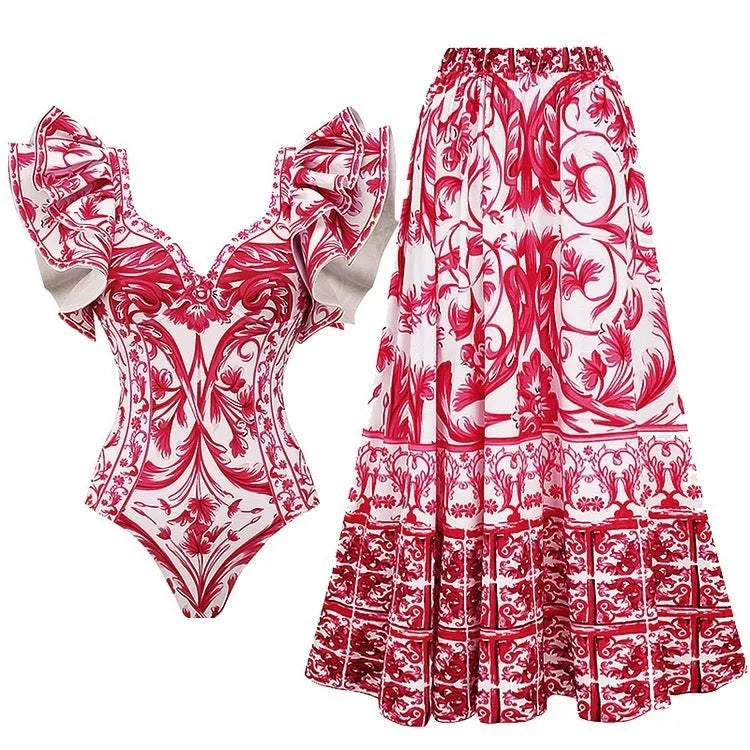 Women's one-piece polyester swimsuit in printed rose pink or blue with optional skirt design