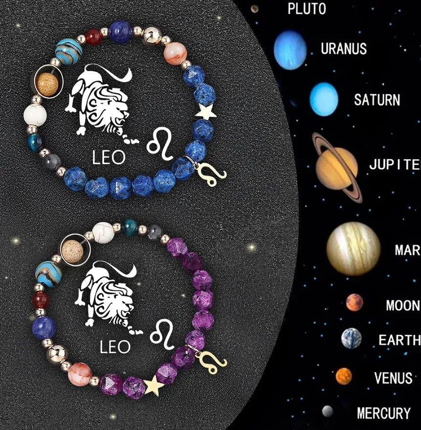 Set of two natural stone beaded bracelets with metal zodiac charms on a dark background.