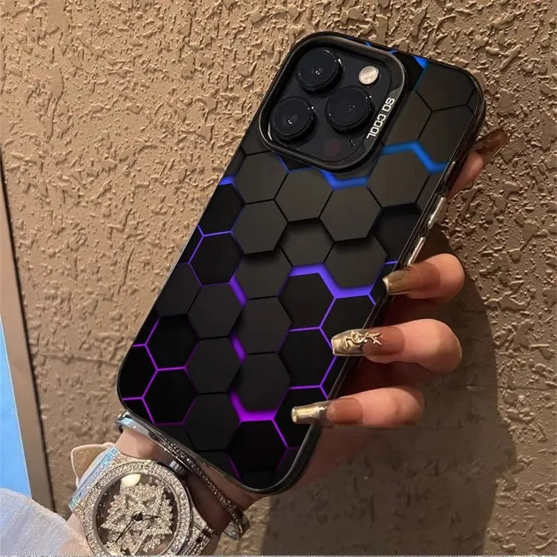 Frosted PC iPhone protective case with honeycomb square pattern in Moonlight colour options