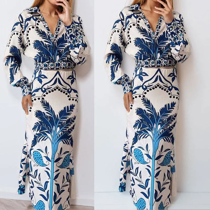 Women's early spring casual fashion set with flower print design showing long sleeve top and matching long skirt