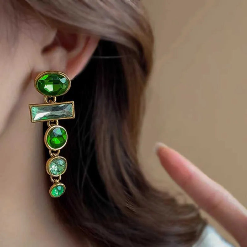 Green gradient geometric earrings with Chinese style design and tassel detailing