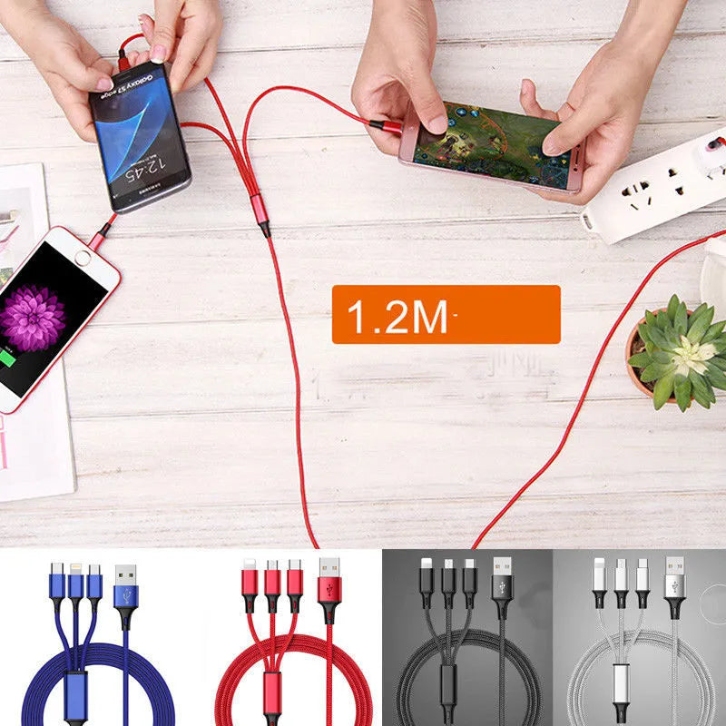 Braided 3-in-1 data cable with aluminium alloy connectors showing red, blue, silver and black colour options