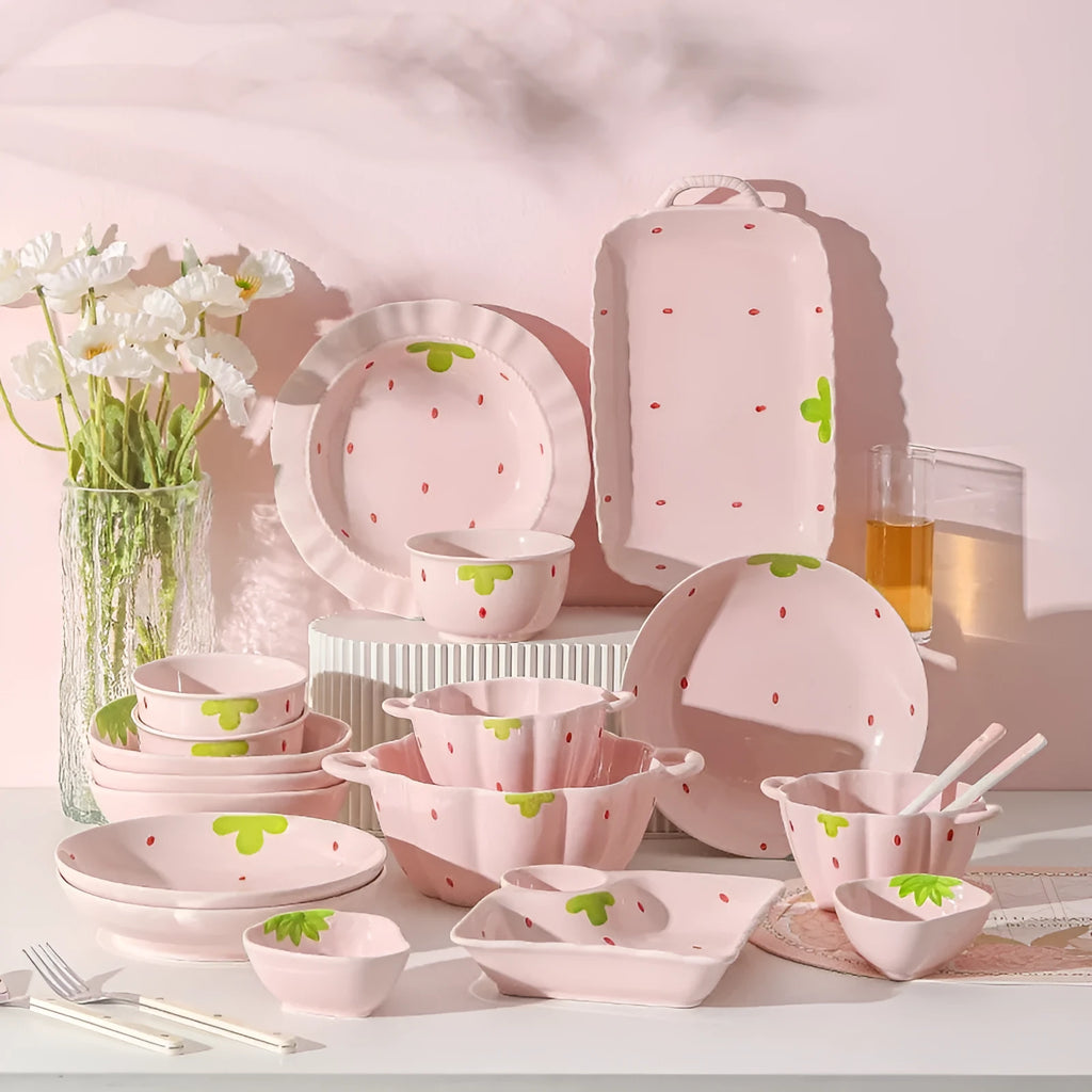 Strawberry pattern ceramic dinnerware set with bowls, plates and twist spoon