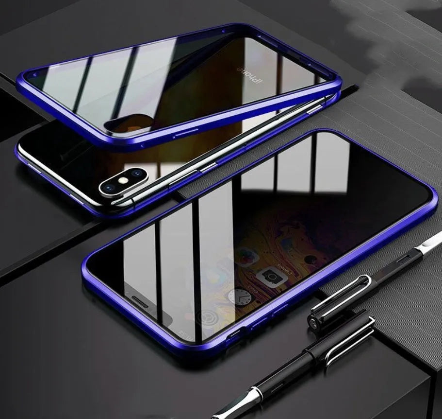 Black glass clamshell anti-spy case on an iPhone, showing geometric design and solid colour.