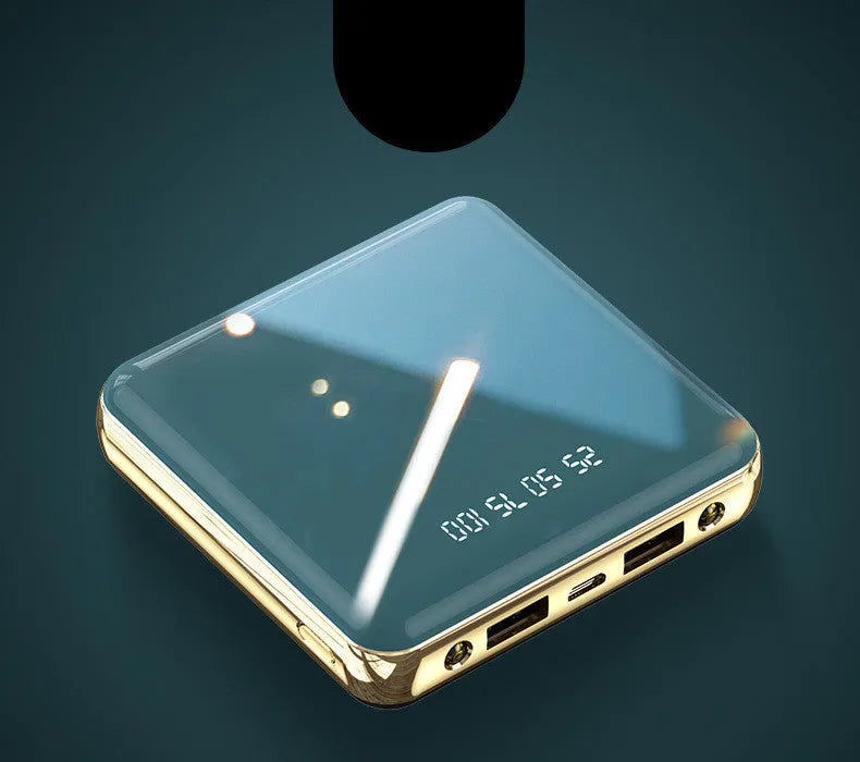 Mini power bank with aluminium shell showing multi-USB ports and compact 83mm dimensions