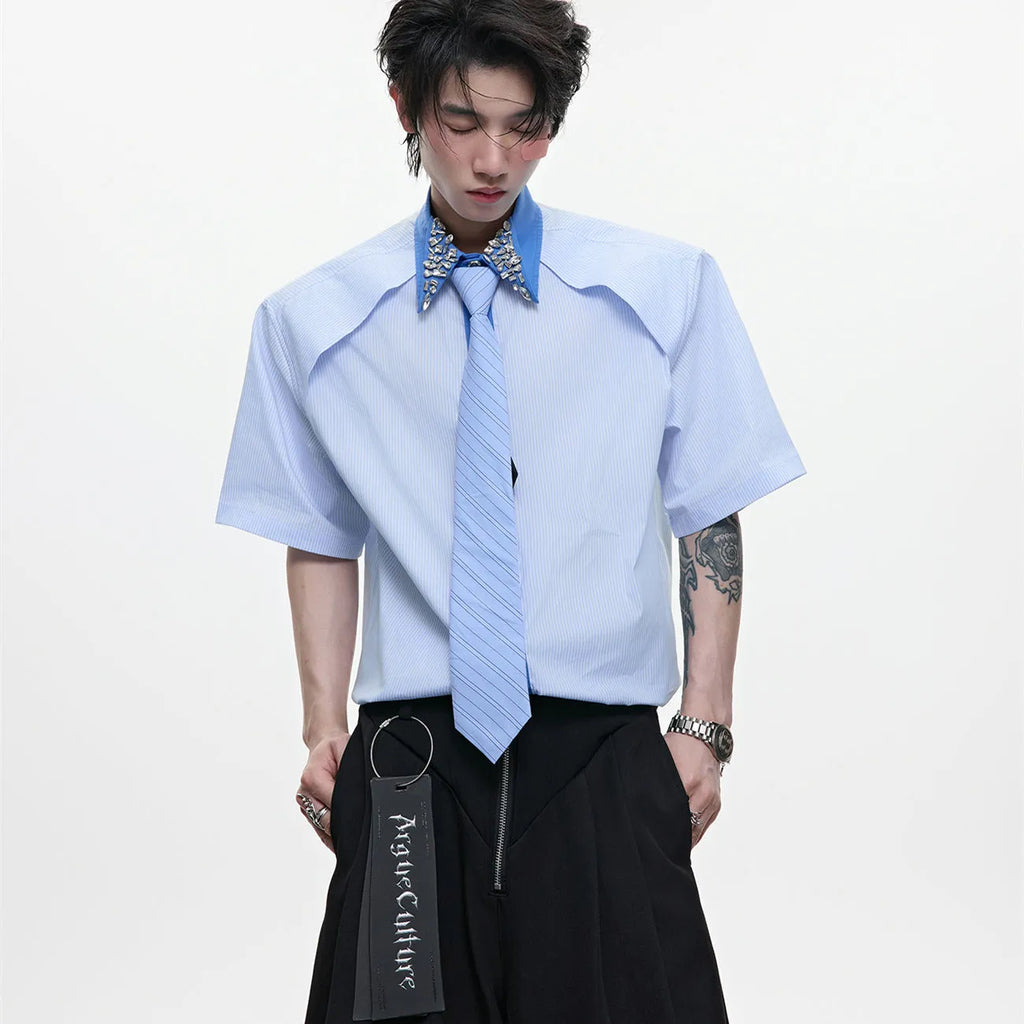 Men's blue loose fit diamond tie patchwork striped shirt with flip collar and button decorations.