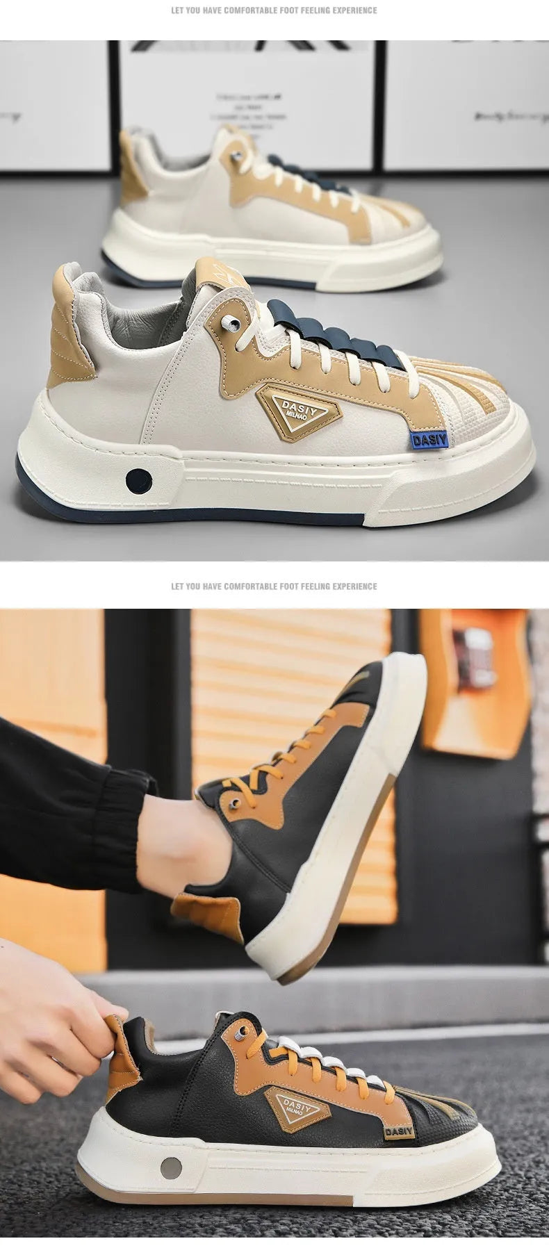 Men's beige low-top casual sneakers with elastic band closure and round toe.
