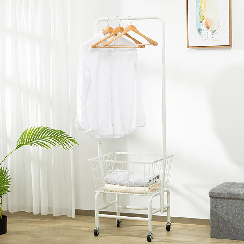 Iron single rod pulley storage car for hanging clothes with adjustable height mechanism in black or white finish