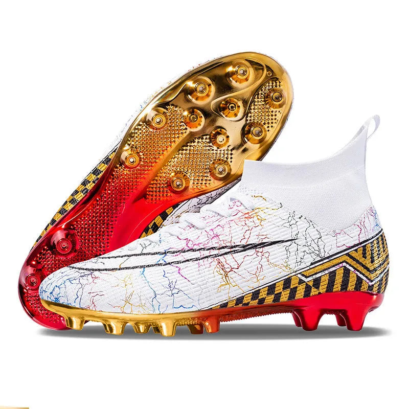 Men's white high-top soccer training shoe with gold-plated sole and lace-up front closure