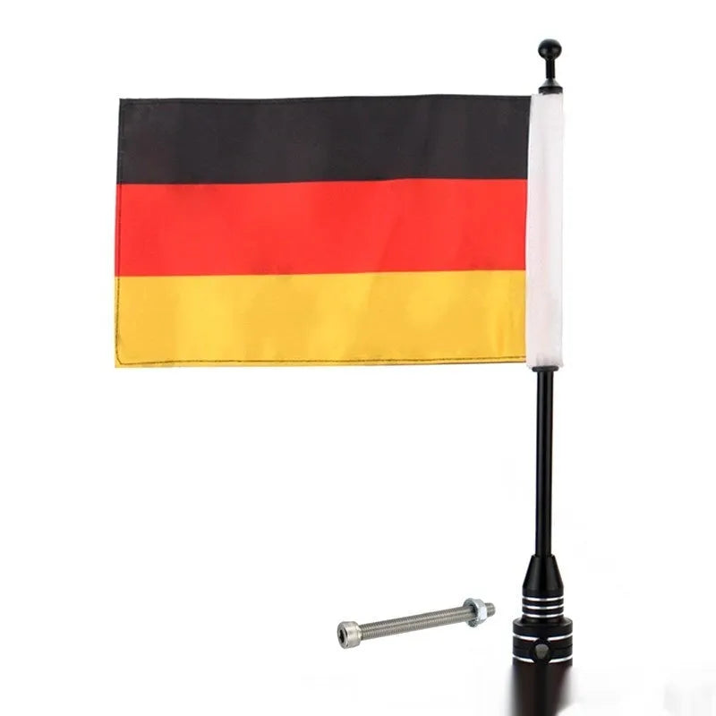 Side-mounted motorbike flagpole for luggage racks in black or silver electroplated finish