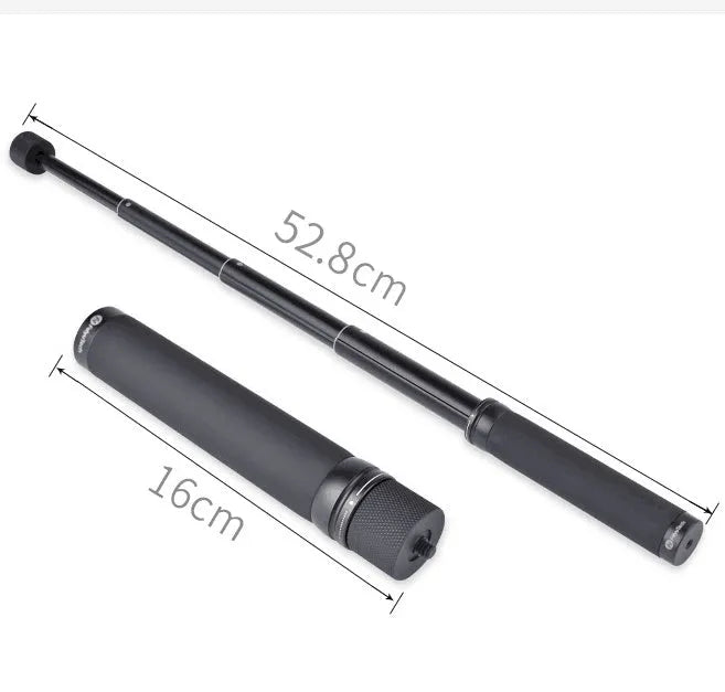 Black retractable hand-held stabilizer selfie stick extended for smartphone photography