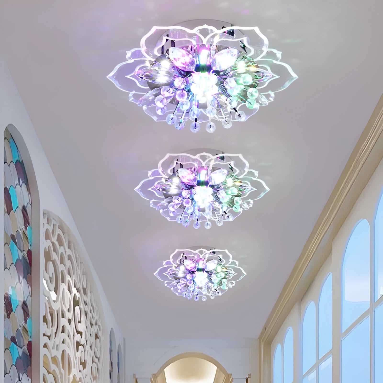 Modern minimalist crystal ceiling lamp with flower-shaped acrylic shade and LED light