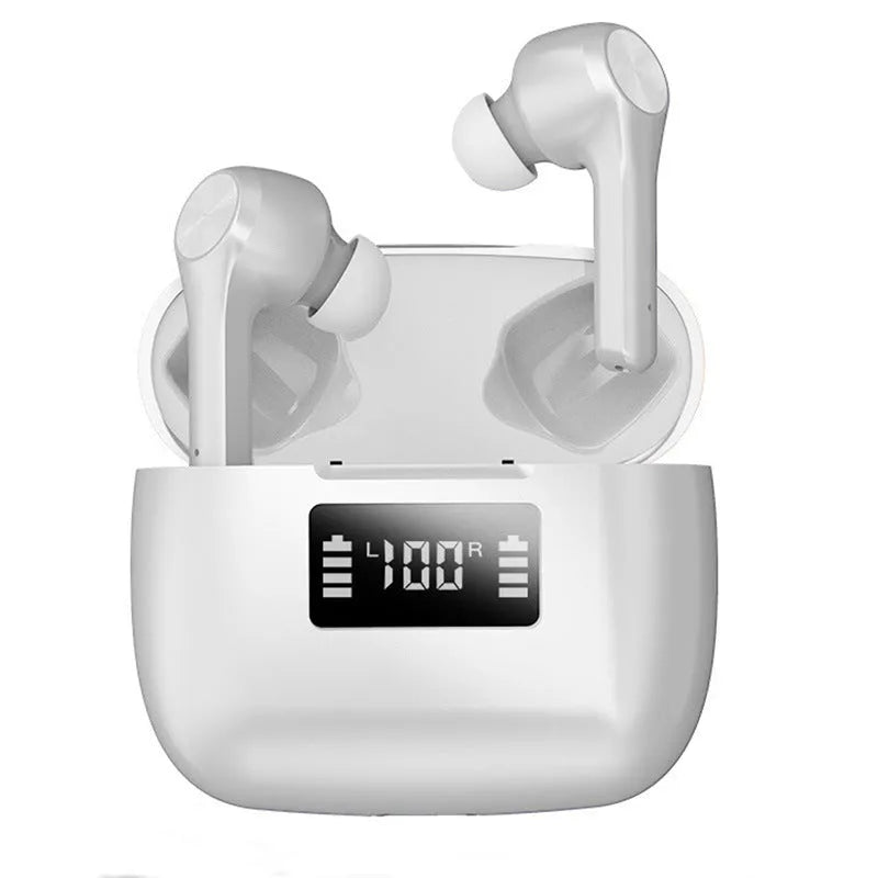 Cool black wireless stereo earphones with charging case showing noise reduction and Bluetooth 5.0 features