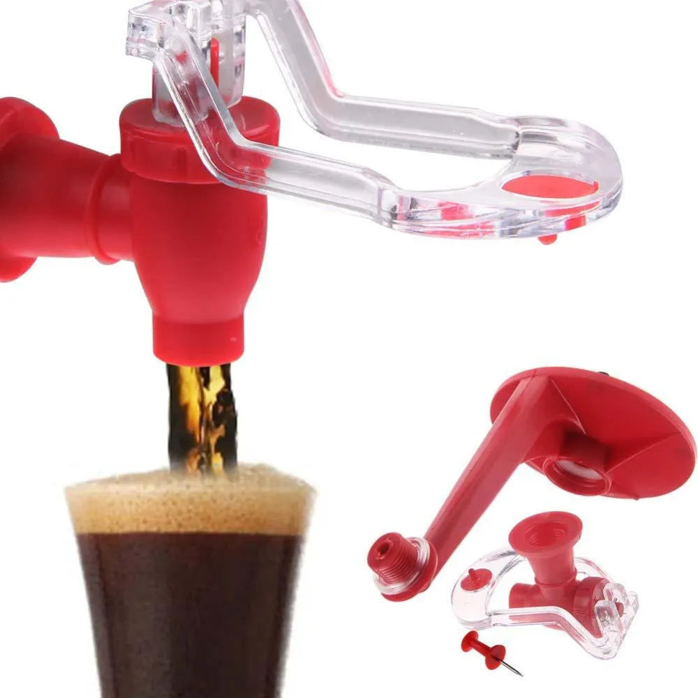 Red plastic soda dispenser attached to inverted 2-litre bottle for push-button drink serving