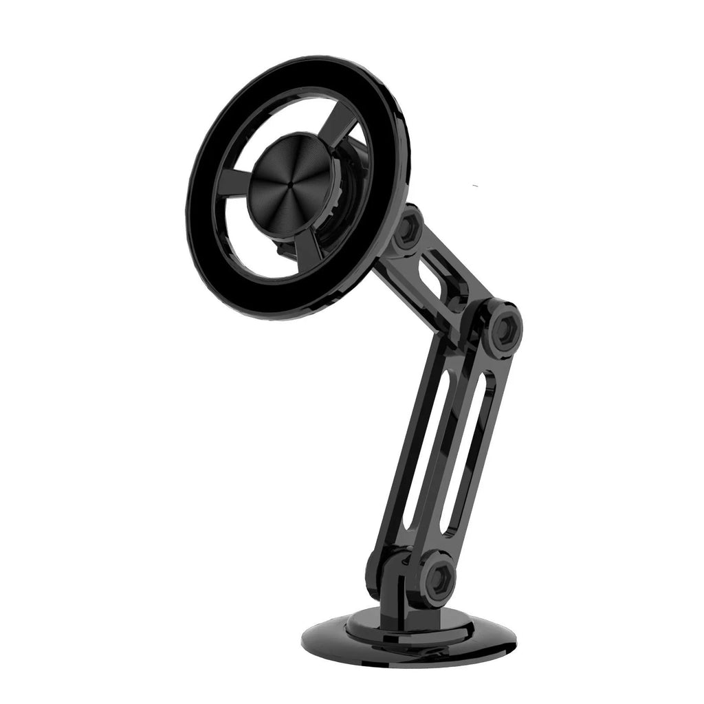All-metal magnetic car phone holder in black, silver, gold, and rose gold colours with spare rings and adhesives