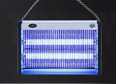Electric mosquito killing lamp for indoor household and restaurant use, showing model with light on.