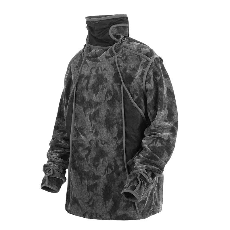 Men's black tie-dye printed pullover sweater with drop shoulders and finger turtleneck