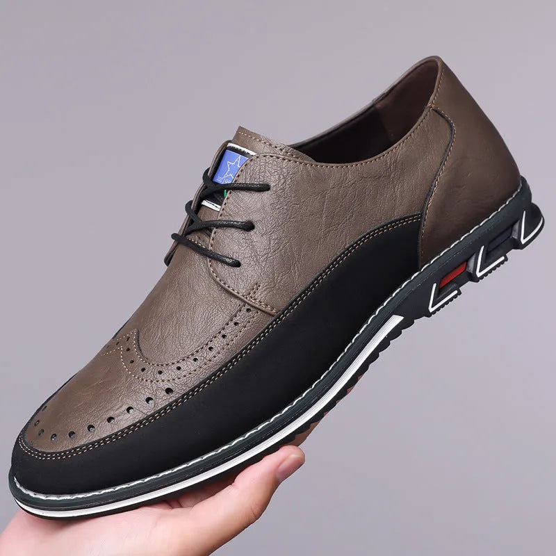 Men's leather casual shoes with rubber sole and low-top design