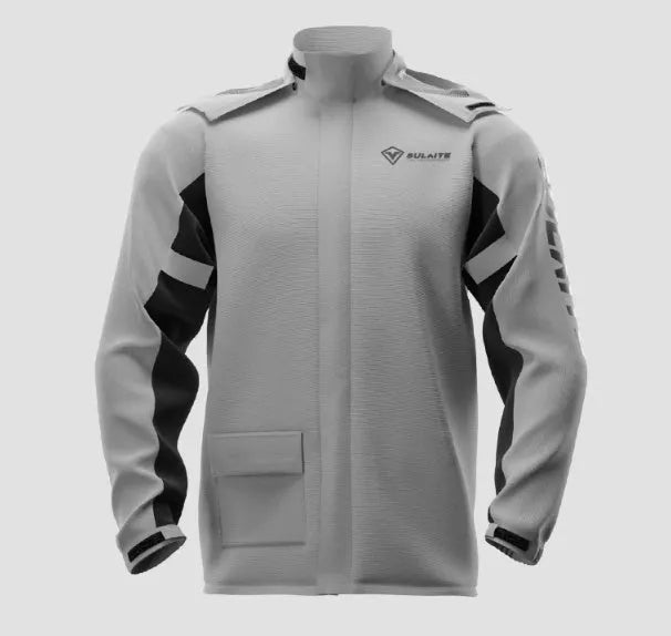 Motorcycle waterproof rain suit set showing raincoat, rain trousers, hidden shoe covers and storage bag